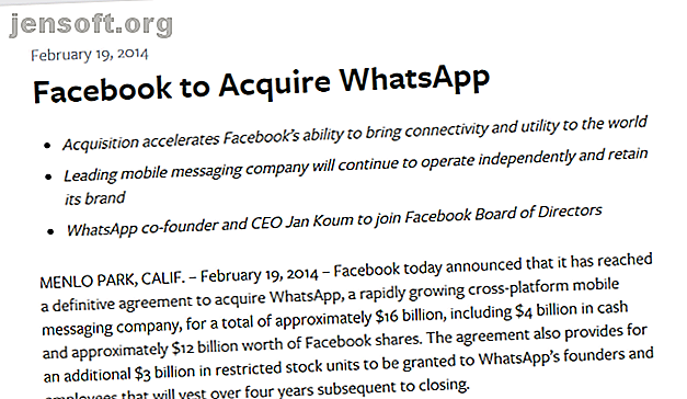 Capture d'écran du communiqué de presse Facebook annonçant l'acquisition de WhatsApp