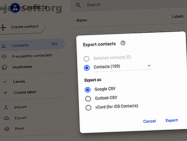 options d'exportation de contacts de google