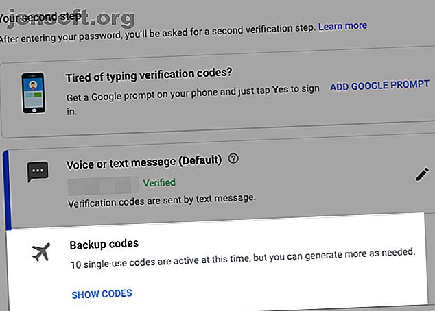 Section des codes de sauvegarde lorsque 2FA est activé pour un compte Google