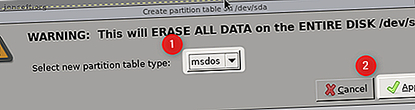 sélectionnez le type de table de partition msdos