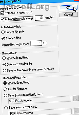 Boîte de dialogue Options d'enregistrement automatique dans Notepad ++