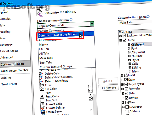 Sélectionnez Commandes absentes du ruban dans la boîte de dialogue Options Excel.