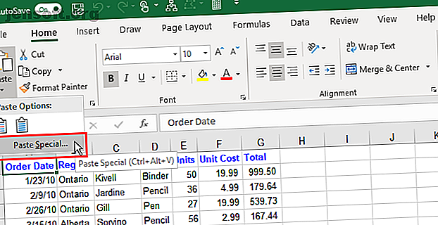 Option Coller spécial de l'onglet Accueil du ruban Excel