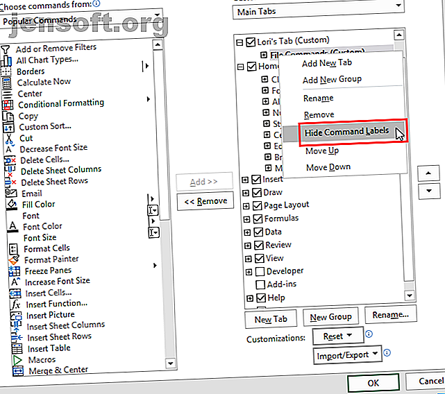 Sélectionnez Masquer les étiquettes de commande pour le ruban Excel dans la boîte de dialogue Options Excel.