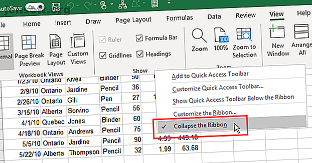Réduire l'option du ruban dans le menu contextuel du ruban Excel