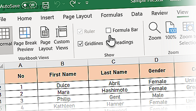 Masquer la barre de formule à l'aide de l'onglet Affichage dans Excel