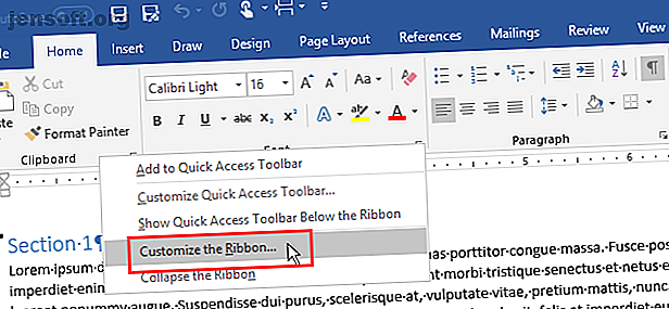 Cliquez avec le bouton droit sur le ruban dans Microsoft Word et sélectionnez Personnaliser le ruban.