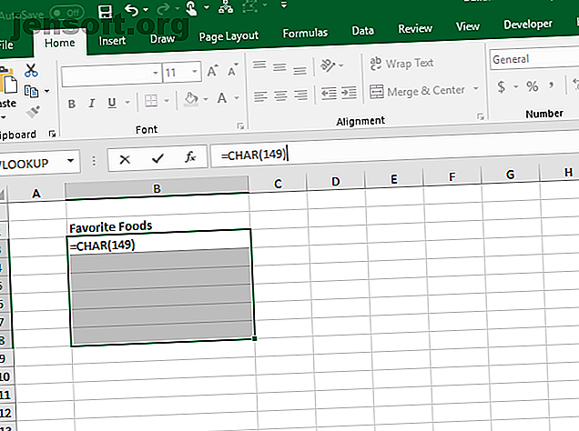 Entrez la fonction CHAR pour une puce dans une cellule dans Excel