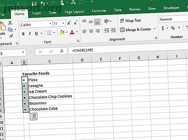 Fonction CHAR entrée dans les cellules dans Excel