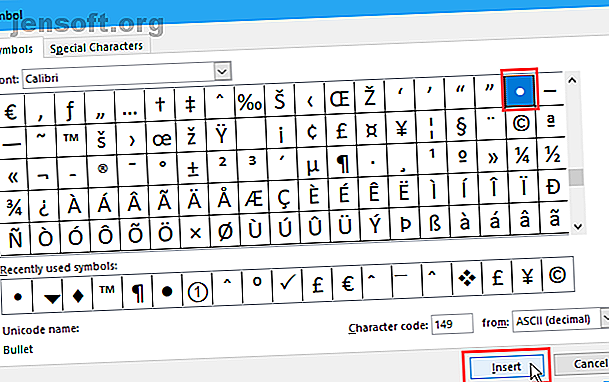 Sélectionnez une puce dans la boîte de dialogue Symbole dans Excel