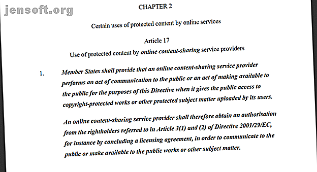 Capture d'écran de l'article 17 de la directive européenne sur le droit d'auteur 2019