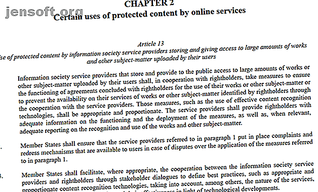 Capture d'écran de l'article 13 du projet de directive de l'UE sur le droit d'auteur