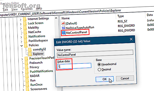 Définissez la valeur NoControlPanel sur 1 dans l'Éditeur du registre Windows 10.