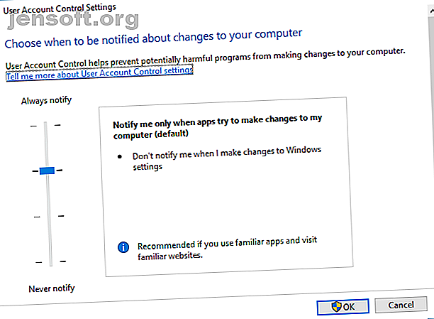 Paramètres de contrôle de compte d'utilisateur Windows 10